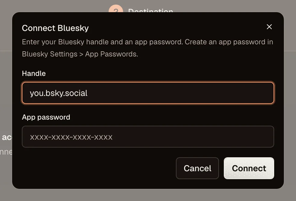 OpenPost connection dialog for Bluesky handle and app password