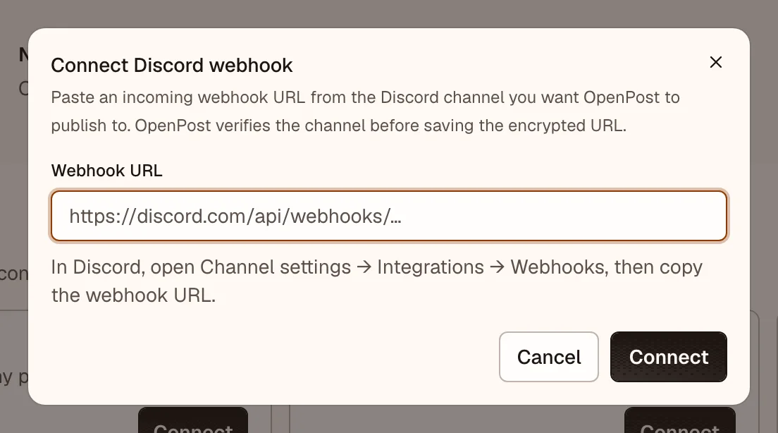 OpenPost connection dialog for Discord webhook URL
