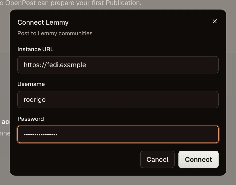 OpenPost connection dialog for Lemmy instance credentials