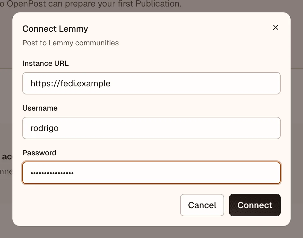 OpenPost connection dialog for Lemmy instance credentials