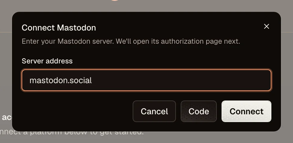 OpenPost connection dialog for Mastodon server address
