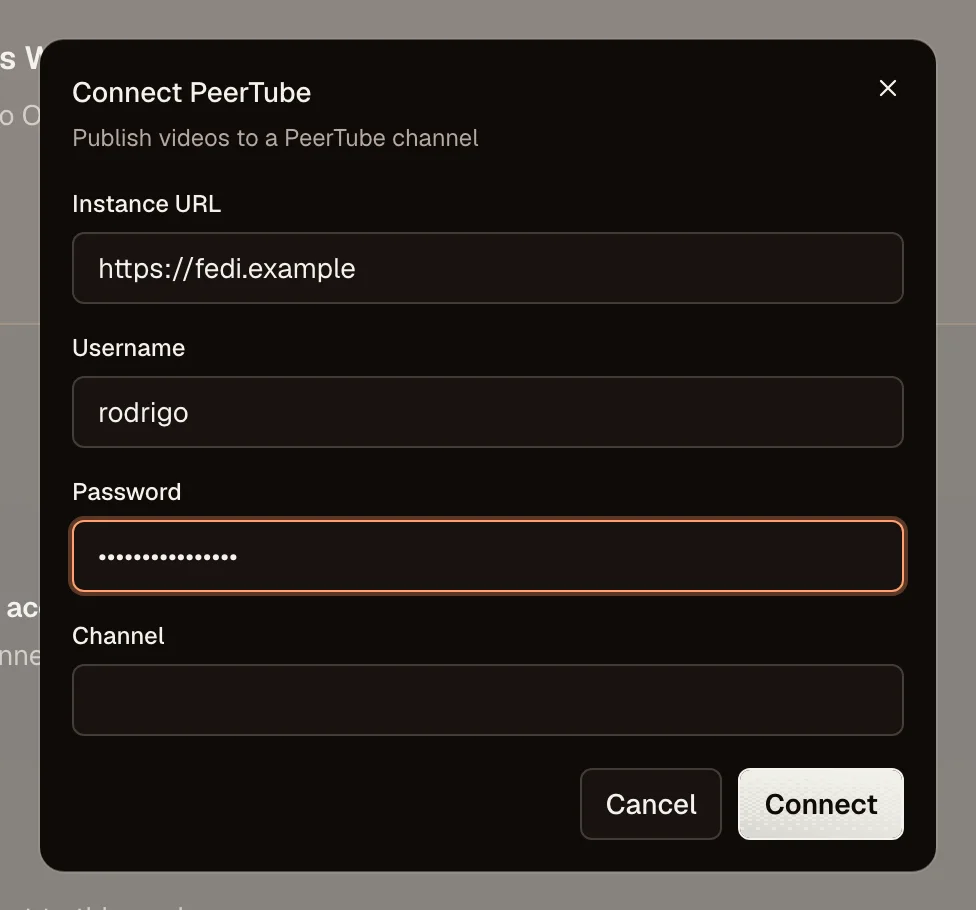 OpenPost connection dialog for PeerTube instance credentials