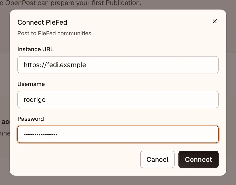OpenPost connection dialog for PieFed instance credentials