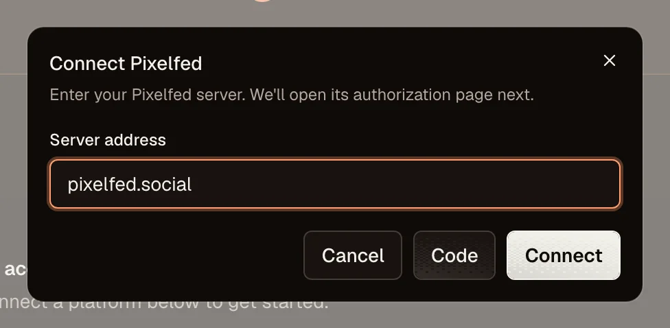 OpenPost connection dialog for Pixelfed server address
