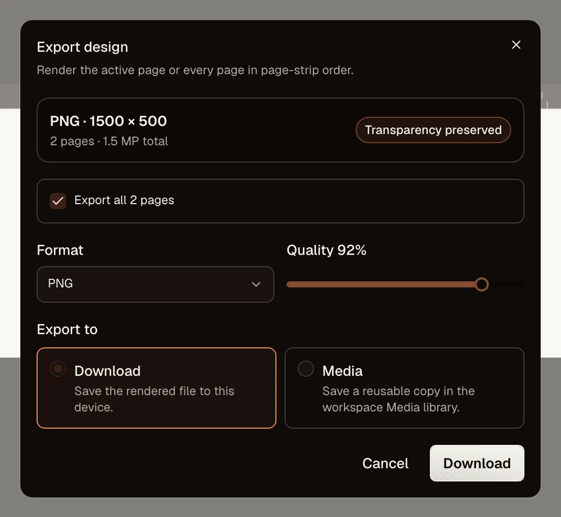 Export dialog with format, quality, and download or Media destination