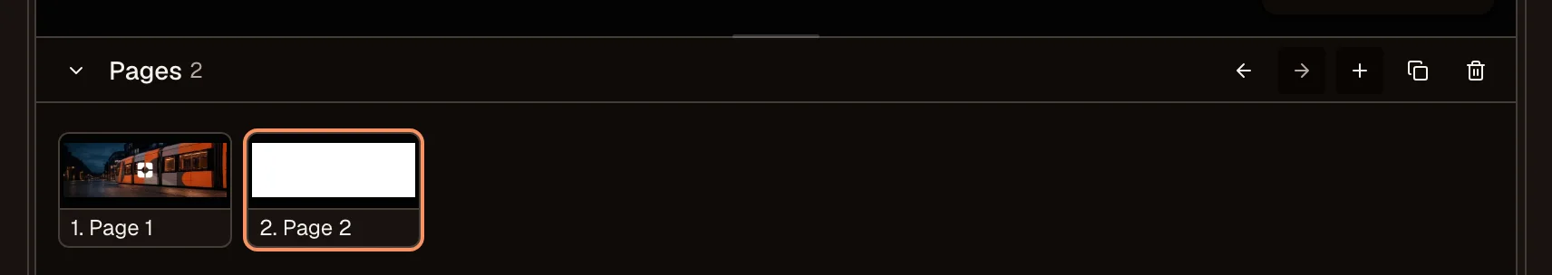 Pages strip with two pages and add, duplicate, and delete controls