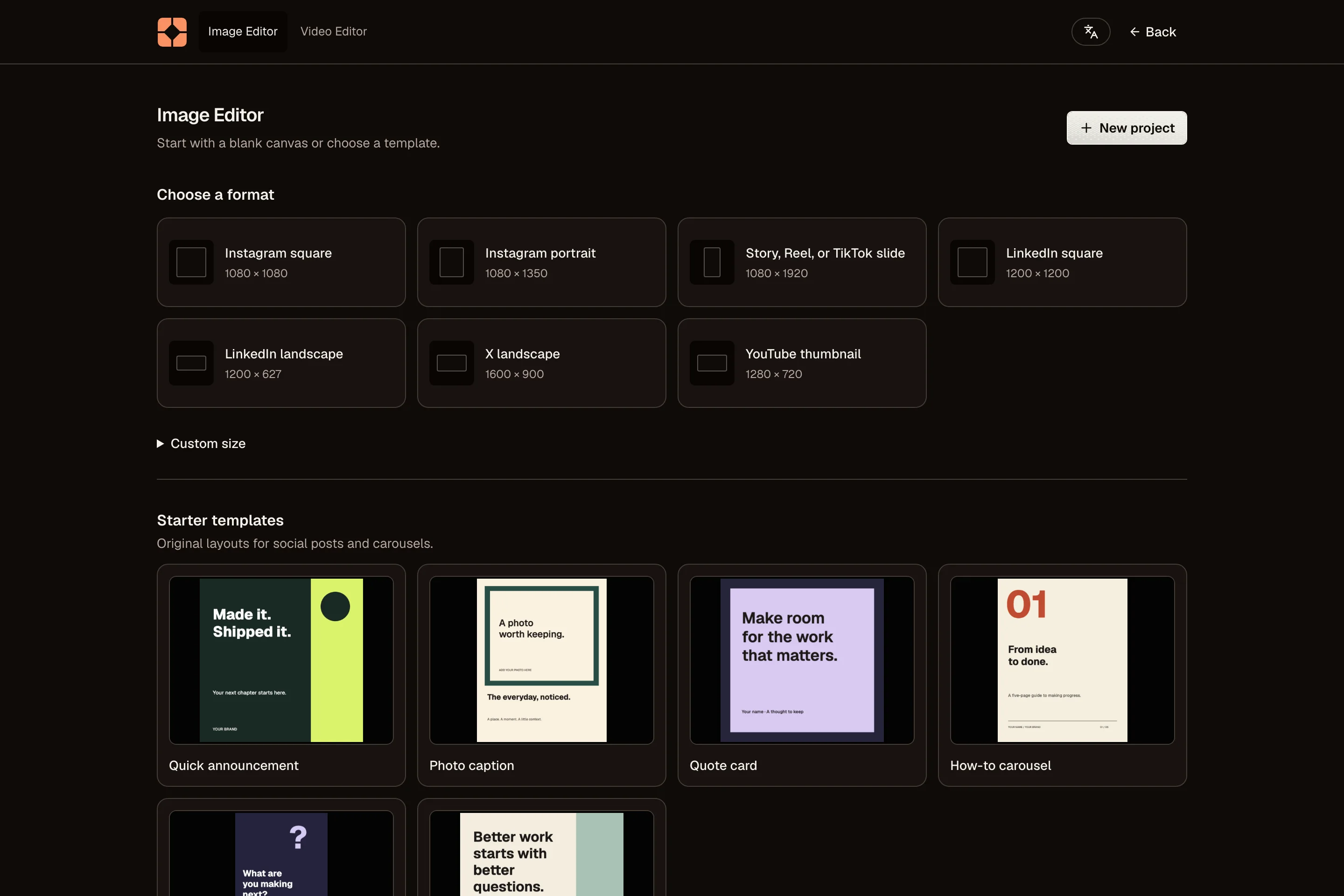 Image Editor start screen with format choices and starter templates