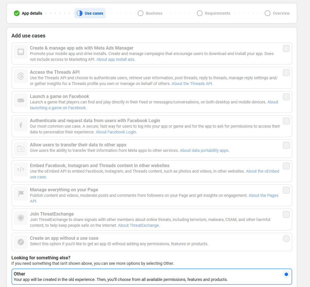 Meta app creation use-case picker showing Facebook Login, Pages, and Other