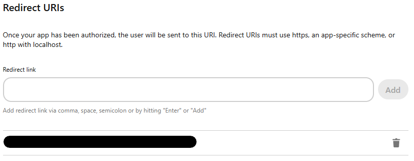 Pinterest redirect URI settings with an empty Redirect link field