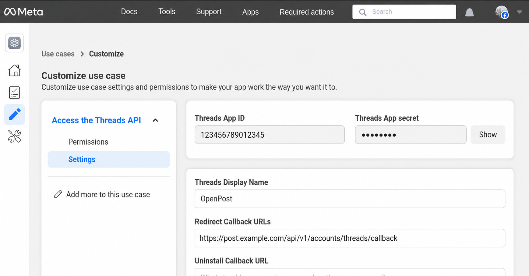 Threads API settings with OpenPost and the example OpenPost callback URL