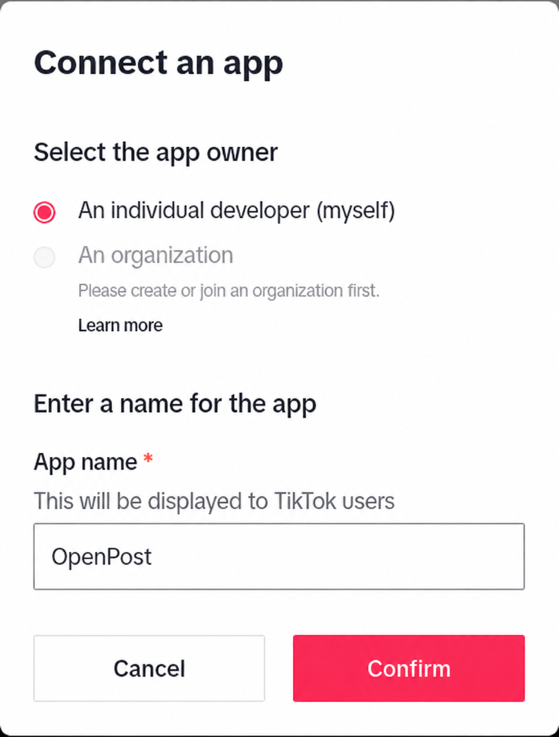 TikTok Connect an app dialog with OpenPost as the example app name