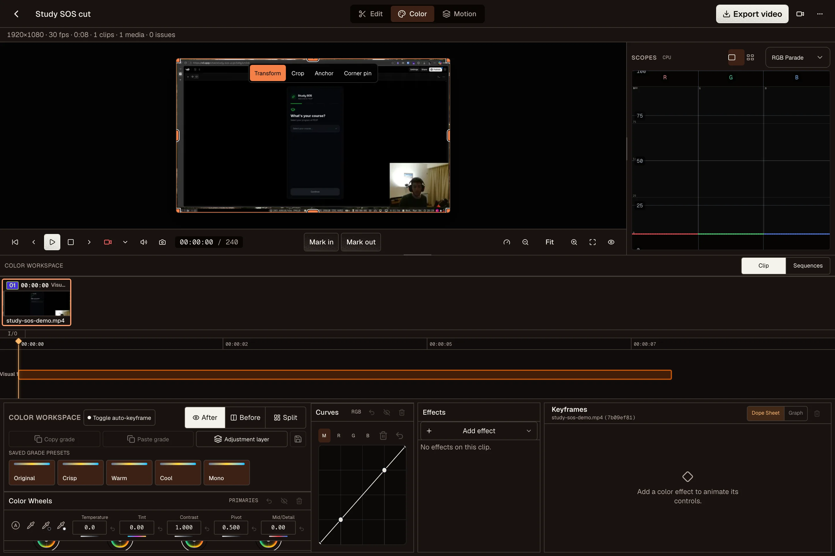 Color workspace with scopes, grade presets, color wheels, and curves