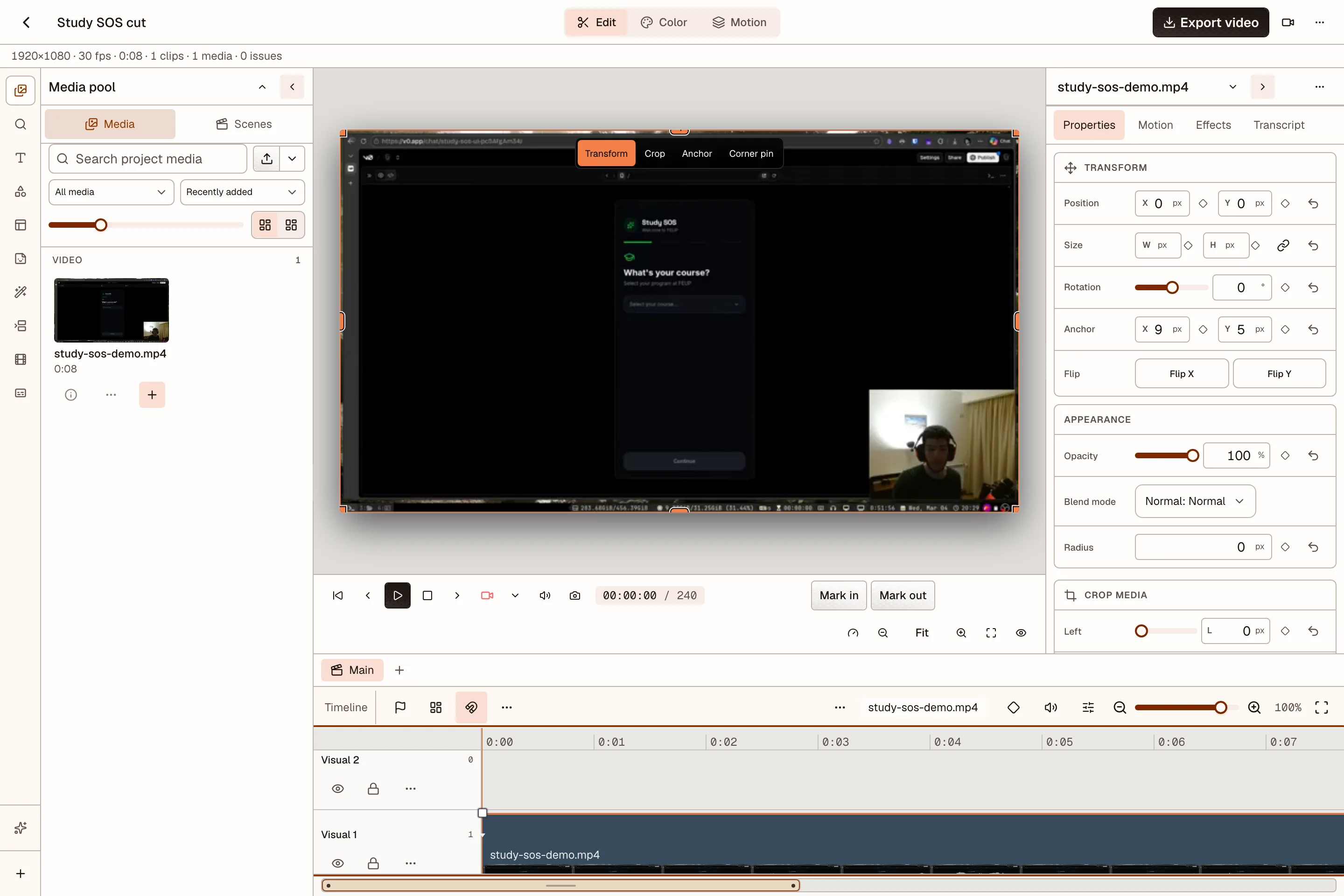 Video Editor with a clip on the timeline, preview monitor, and properties panel