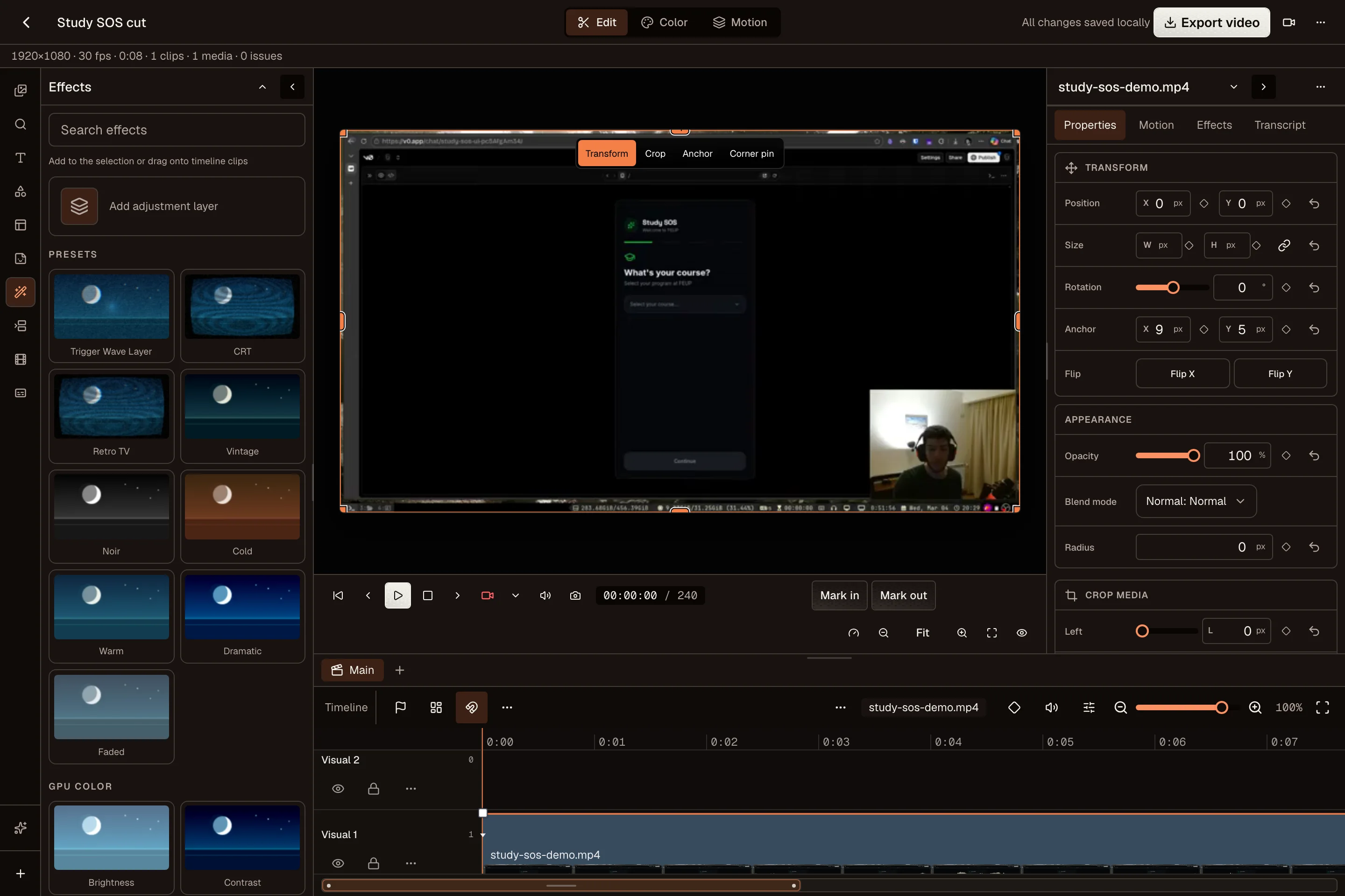 Effects browser with style presets next to the preview and inspector