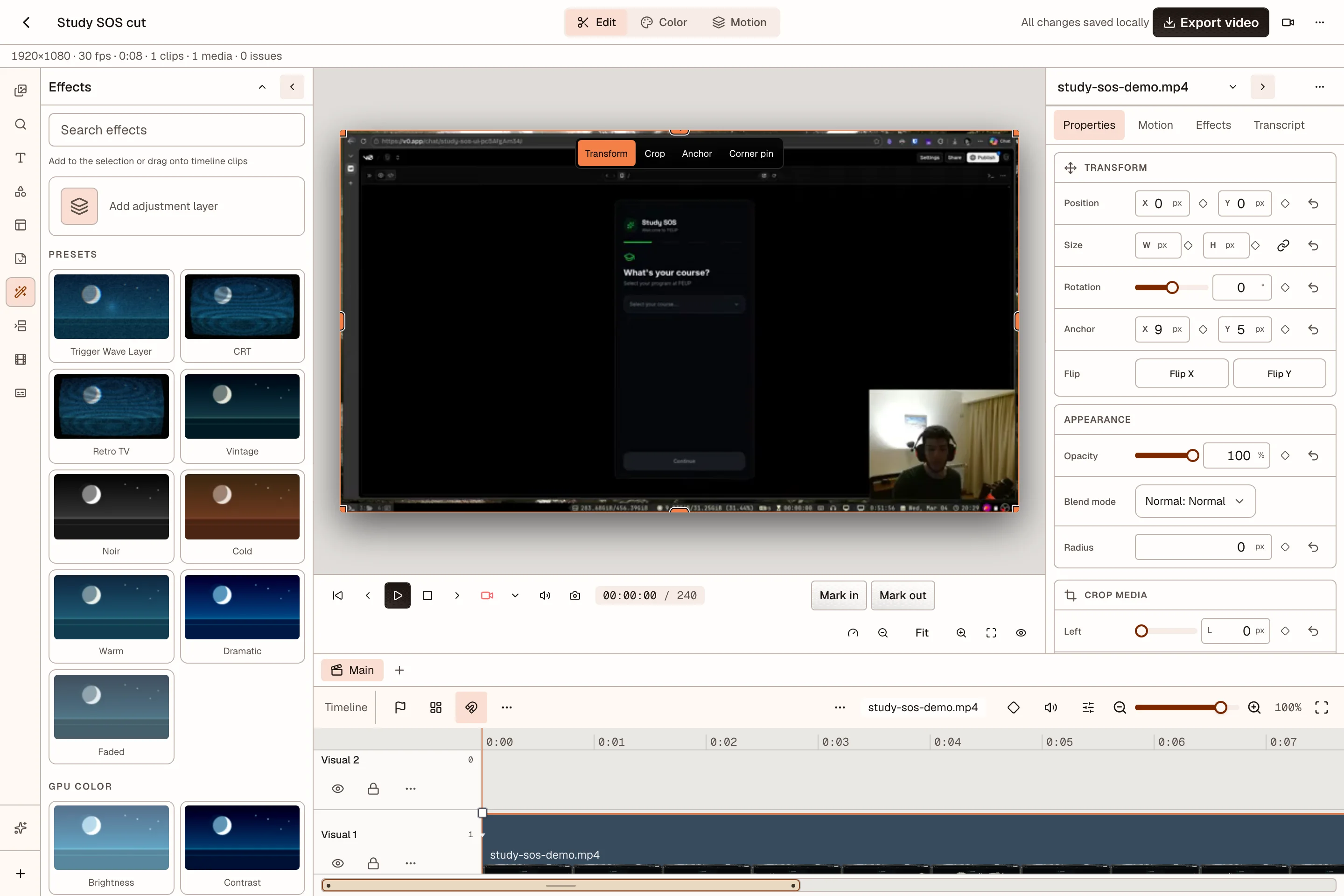 Effects browser with style presets next to the preview and inspector