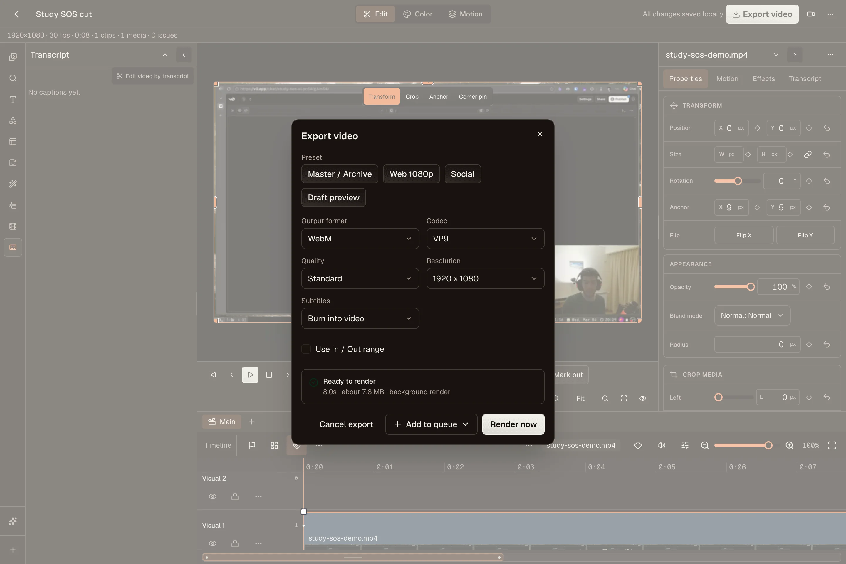 Export video dialog with presets, format options, and render readiness check