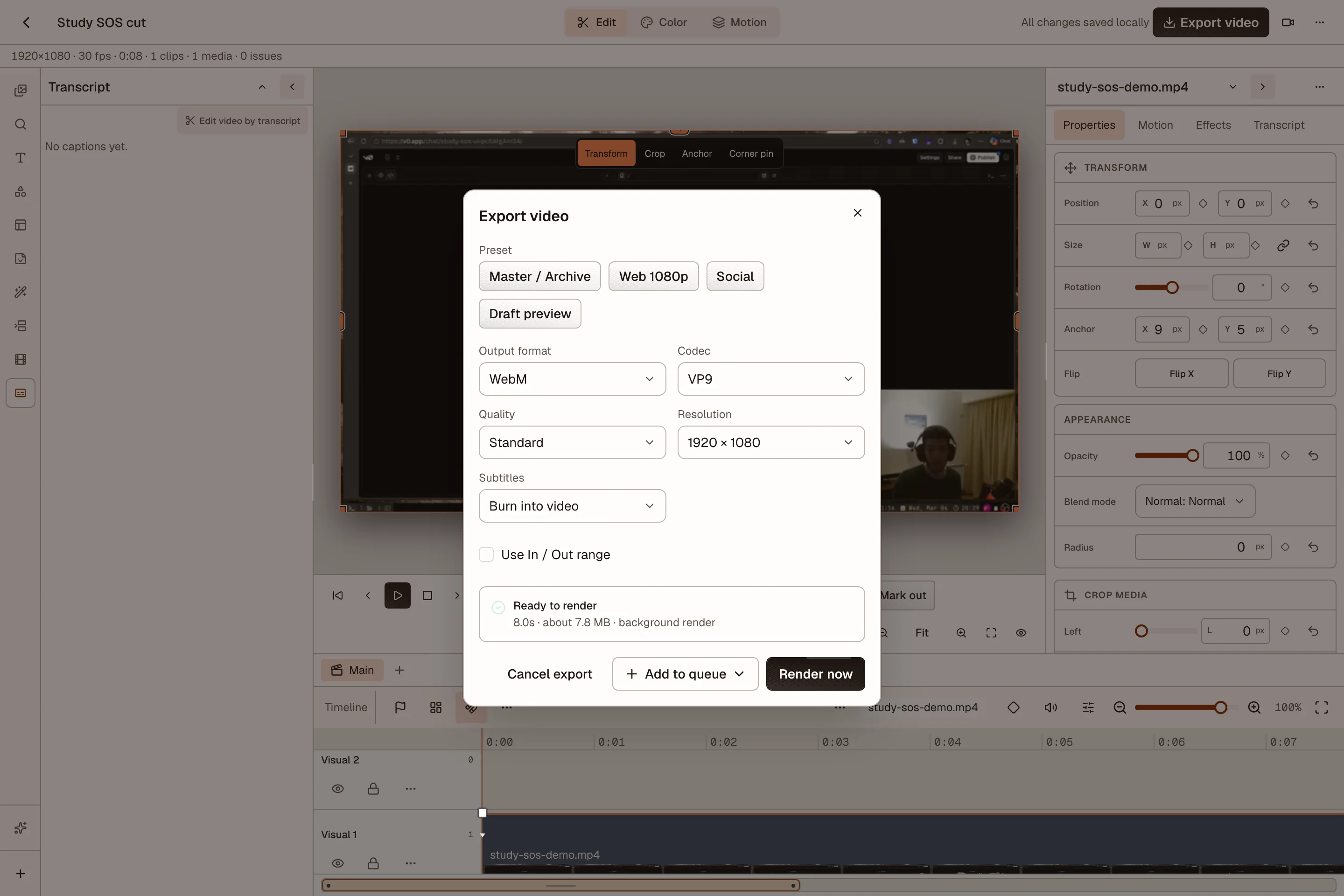 Export video dialog with presets, format options, and render readiness check