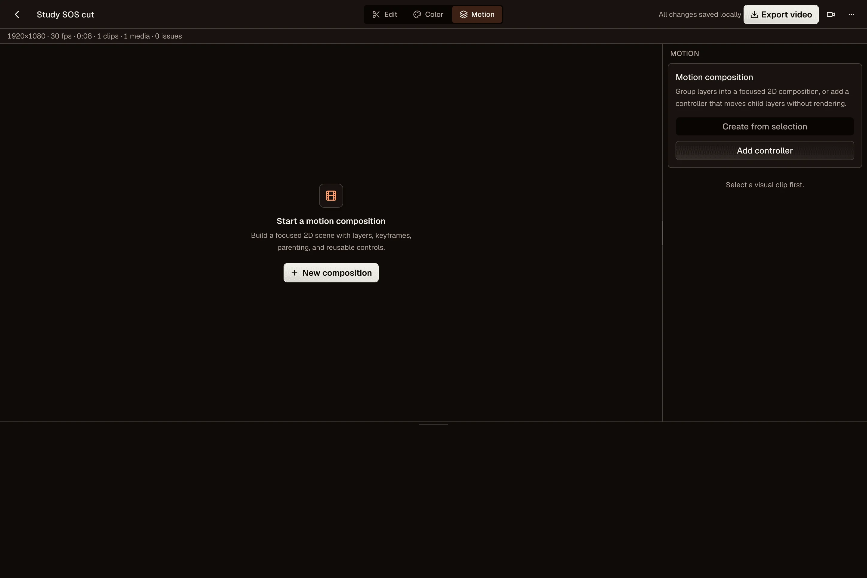 Motion workspace start screen with New composition button