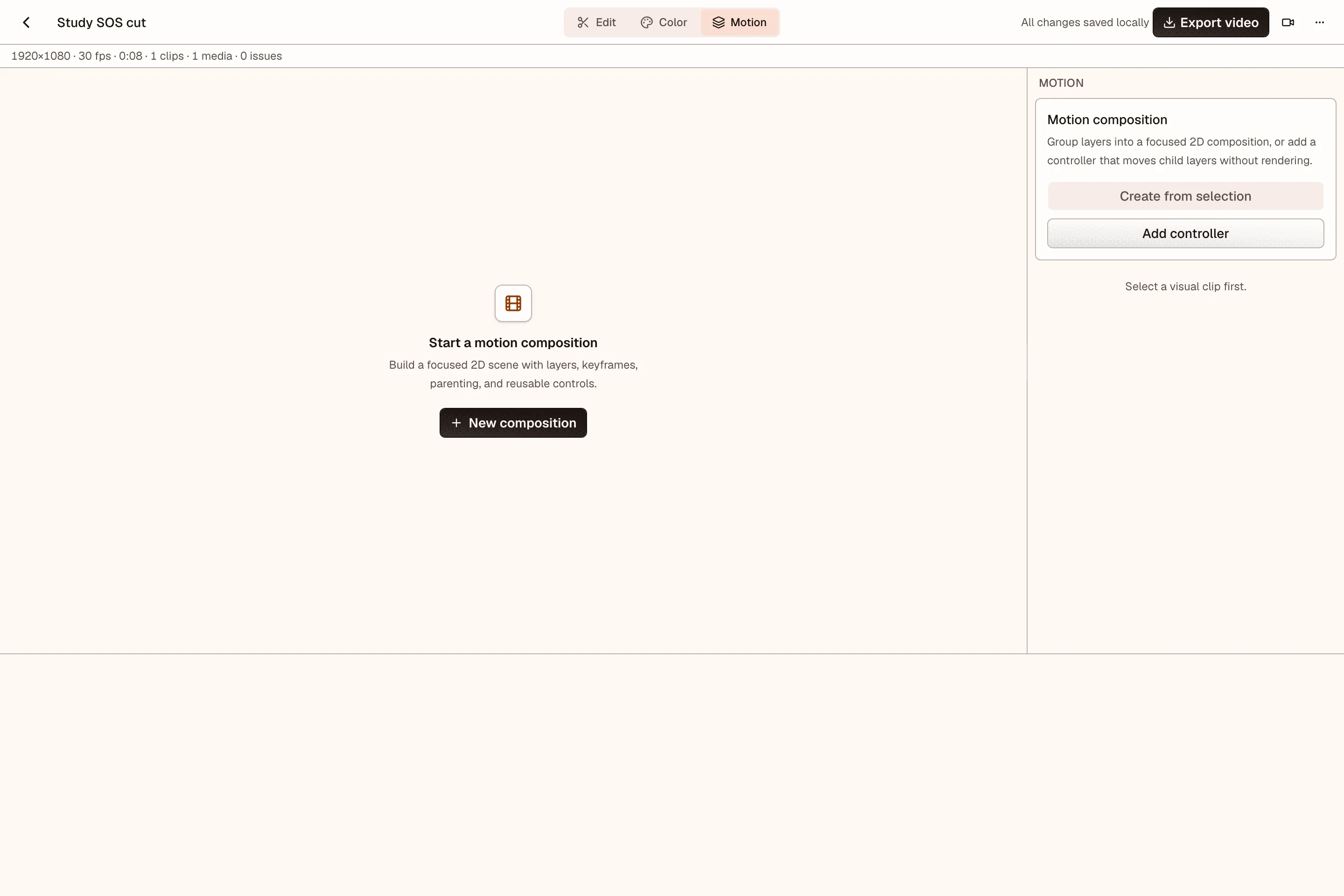 Motion workspace start screen with New composition button