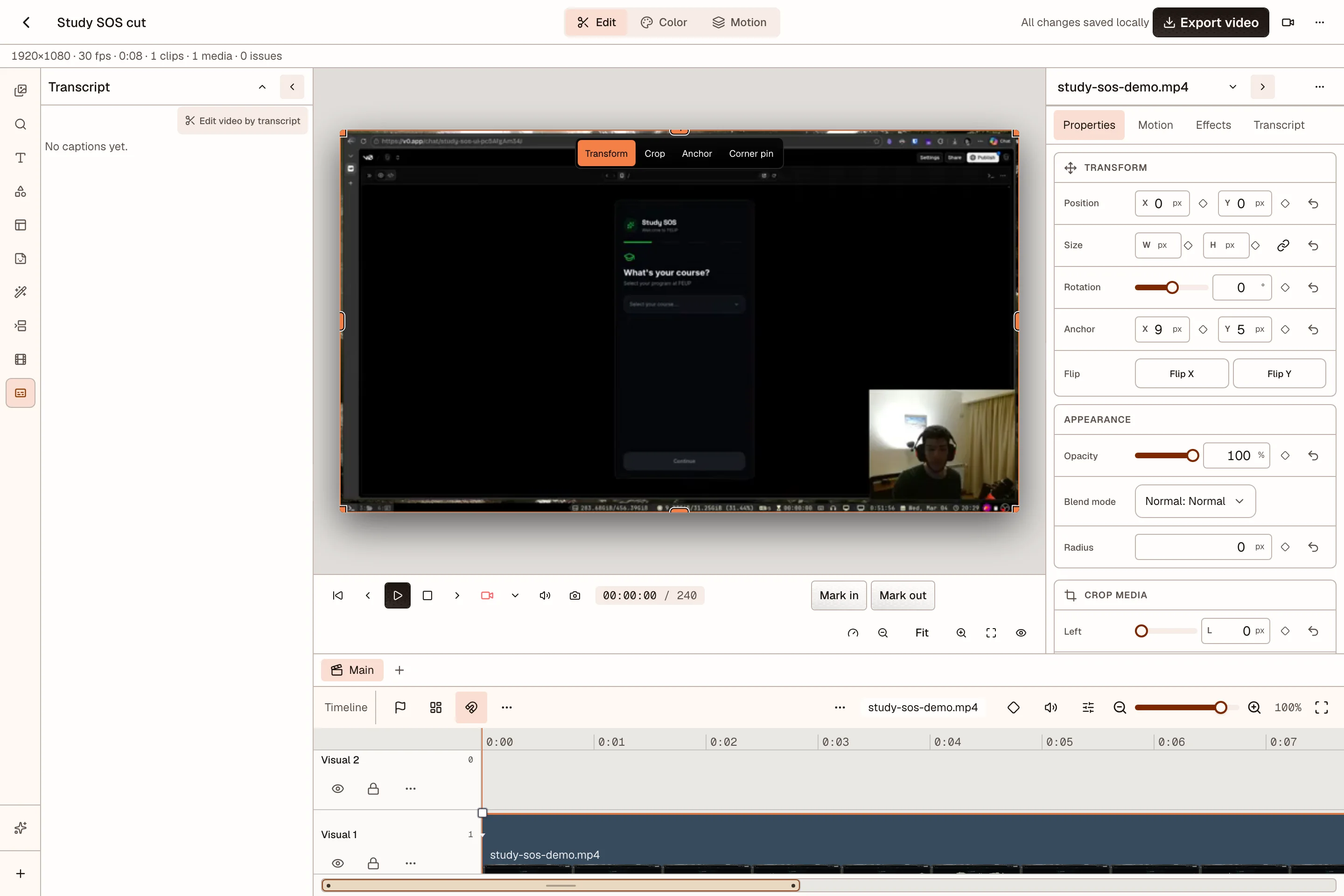 Transcript panel before transcription with Edit video by transcript button